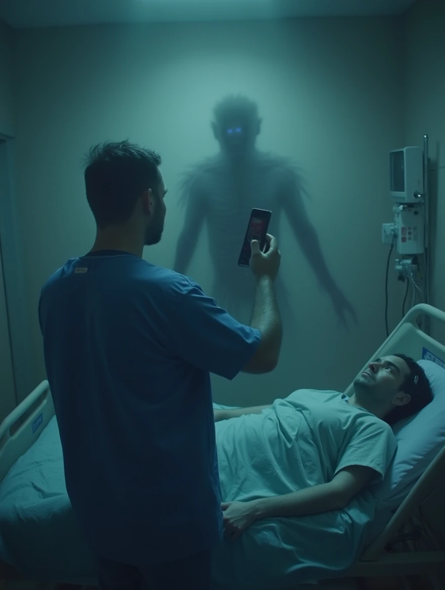 A solemn doctor in blue scrubs standing at the bedside of a deceased patient, unaware of the eerie outline of a monster-like figure looming behind, resembling an out-of-body presence. The scene is heightened by the doctor's smartphone held up for a selfie, capturing the chilling moment in a dimly lit hospital room with shadows dancing in the background, creating a sense of foreboding and mystery.