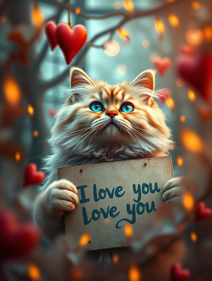 A masterpiece of photo that shows a beautiful, ultra-detailed persian cat holding a sign saying “I love you” through a distorted reality. The vivid color palette and intricate brushwork plunge viewers into a mesmerizing world of realistic enchantment, where the surreal beauty of nature stands out. The ambience is accentuated by cinematic lighting, heightening the atmosphere of mystical fantasy. Captured in crisp 1080p resolution, this lifestyle photograph invites you to immerse yourself in a realm of wonder and intrigue. Dramatic action