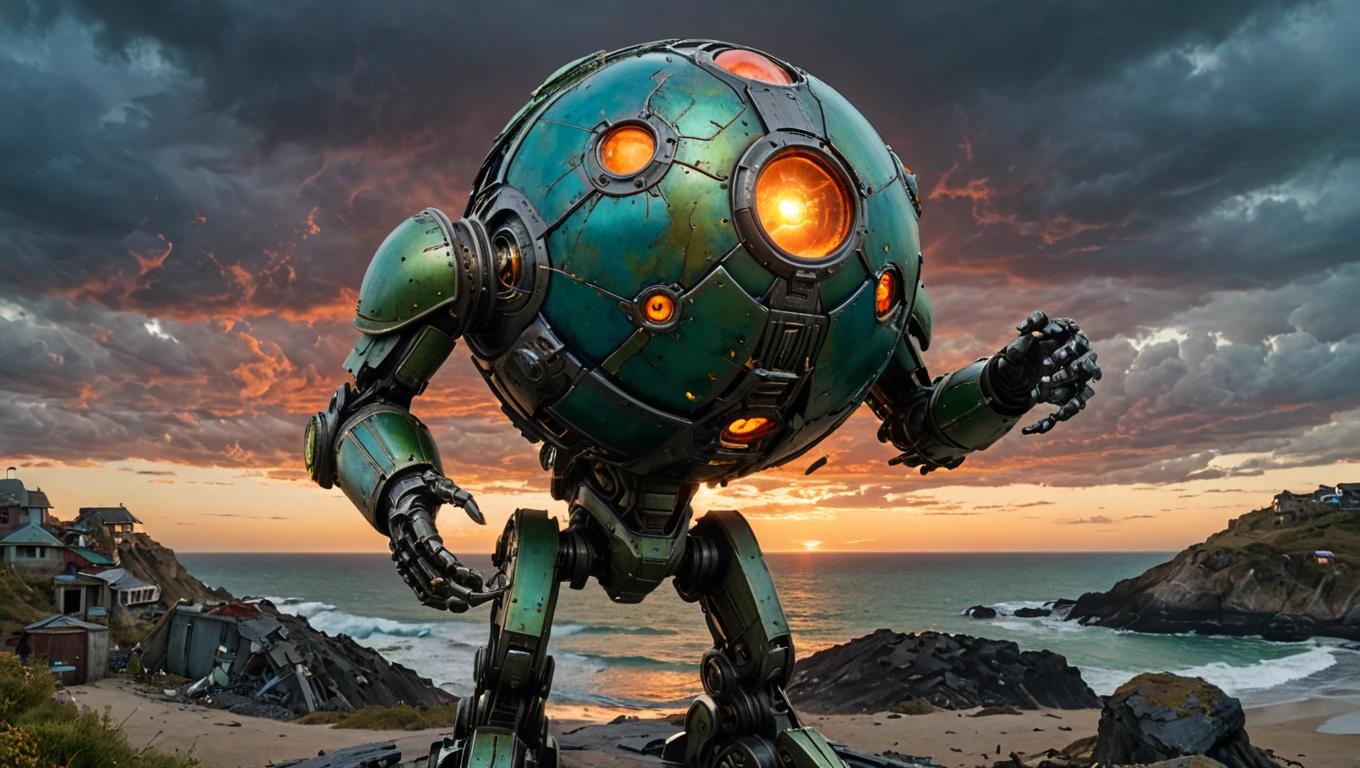 Create a full-scale Titanium sculpture of a 2300 Ai Manufactured EnriCesar man holding a magical shining big orb representing a world in ruins in a desolate dystopian Starcraft inspired village overlooking the ocean in ruins, made of solid Titanium , with a dirty green patina and showing signs of years gone by with tiny glowing alien flowers growing on it. A dark cloudy sky with GoldenNavyBlue orange and red ombrè showcasing an apocalyptic sky. 50mm lens, ultra highly-detailed.