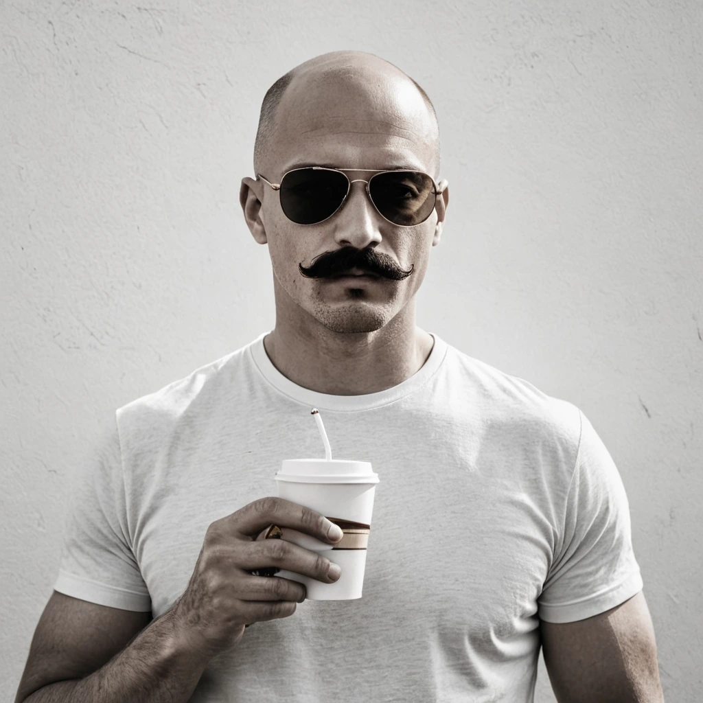 A young bald head man with moustache wearing sunglasses holding a coffee cup and cigarette. Minimal monochrome. White and gold. Morning vibes