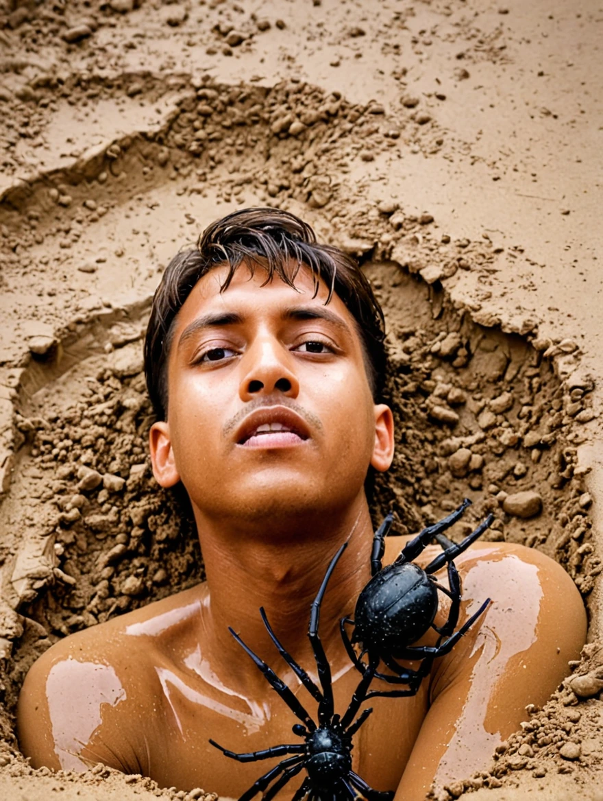 sinking in quicksand with large spiders crawling