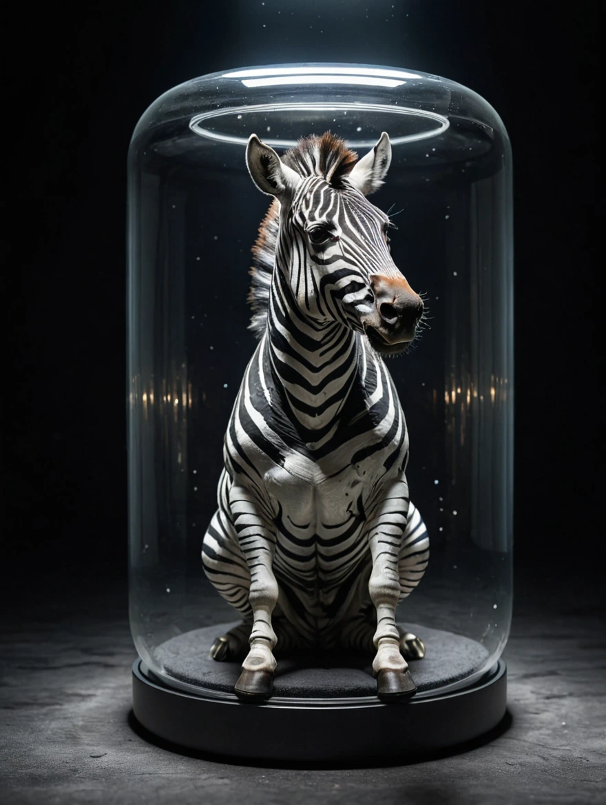 A humanoid zebra locked up in a small glass cylinder-shaped box floating in space, amazing lighting,