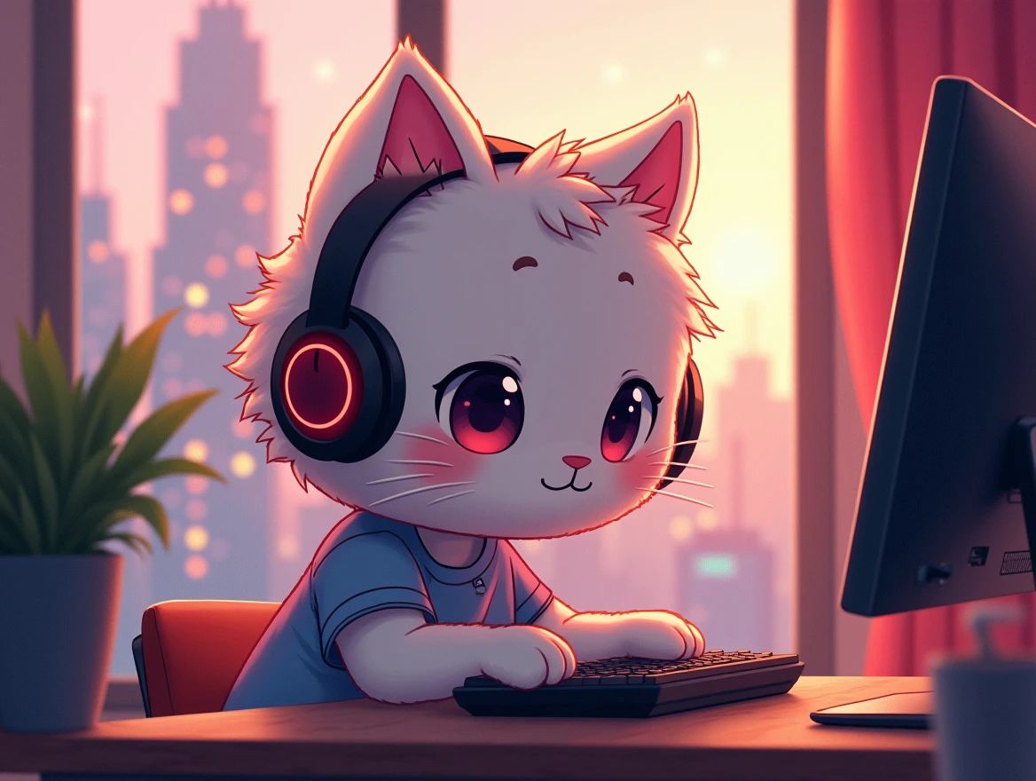 An anime-style illustration featuring a Hello-kitty wearing headphones and T-shirt as he works on his computer. Soft, warm lighting highlights his fur, creating a cozy and nostalgic atmosphere. Through the window behind him, a bustling cityscape can be seen. In the top right corner, a touch of artistic flair adds to the overall stylish composition.