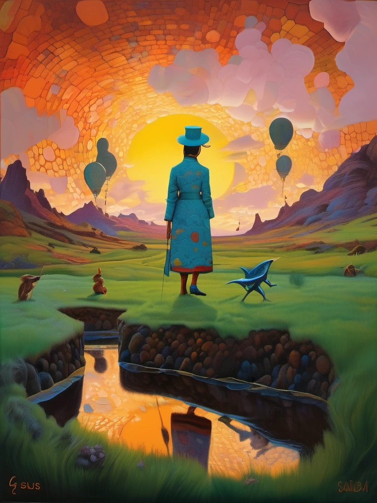 An ultra-detailed, textured oil painting by Gaugin, featuring a beautiful Asian woman, with lush, deeply colored incandescent hues of the dawn sky. Ornate style of Dr. Seuss, showcases a futuristic, meticulous surrealism creation with hexagonal tessellation, Voronoi Diagrams, and the Doppler effect. Utilizing the cutting-edge Octane Render technology, this artwork masterfully blends a whimsical scene inspired by Jakub Rozalski and Dr. Seuss, with elements of Salvador Dalí and Pablo Picasso.