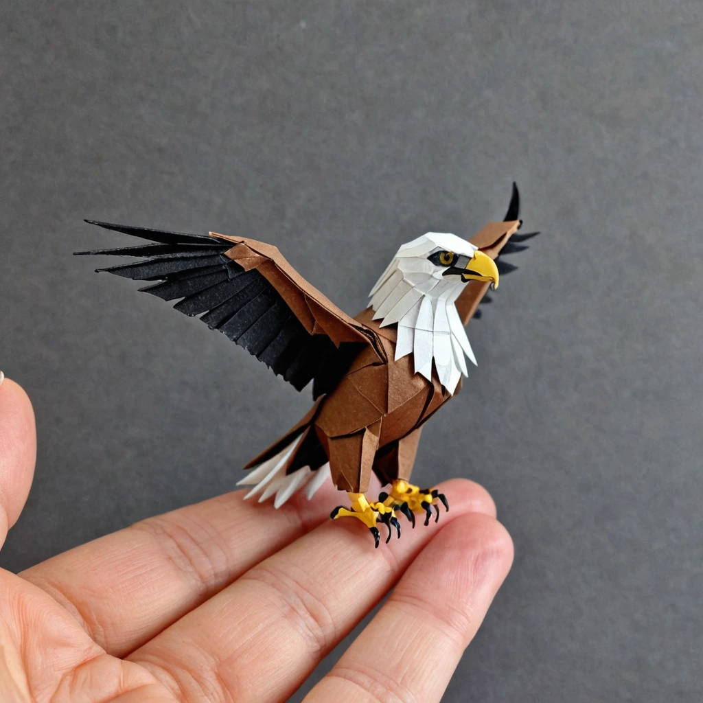 Brown and black and white origami miniature eagle