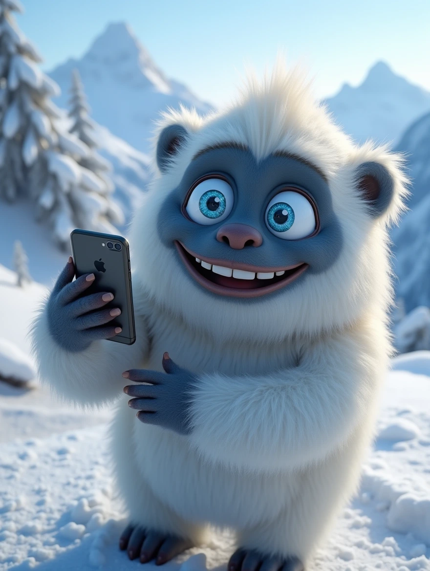 A fluffy yeti with ta sparkling blue eyes takes a selfie on a found  cell phone.  His grin is wide. Snow capped mountains can be seen in the background