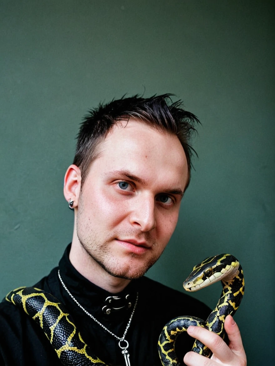 A male goth with piercings and a pet snake