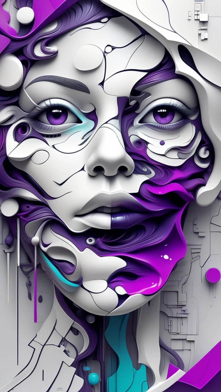 A surreal digital illustration of a stylized human face made up of abstract, fluid shapes, with a combination of smooth, flowing lines and sharp geometric edges. The left side of the face is formed by a mix of colorful, swirling liquid shapes in shades of purple, teal, and black, wet dripping down, while the right side features a more rigid cybernetic, white, sculpted form with digital and mechanical features. The lips are bright red and glossy, positioned centrally, creating a striking focal point. The background is an eerie prison cell red graffiti that transitions from warm yellow-orange at the center to a darker shade at the edges, giving a glowing effect behind the abstract face. The overall style is futuristic and artistic, with a strong emphasis on contrast and symmetry.