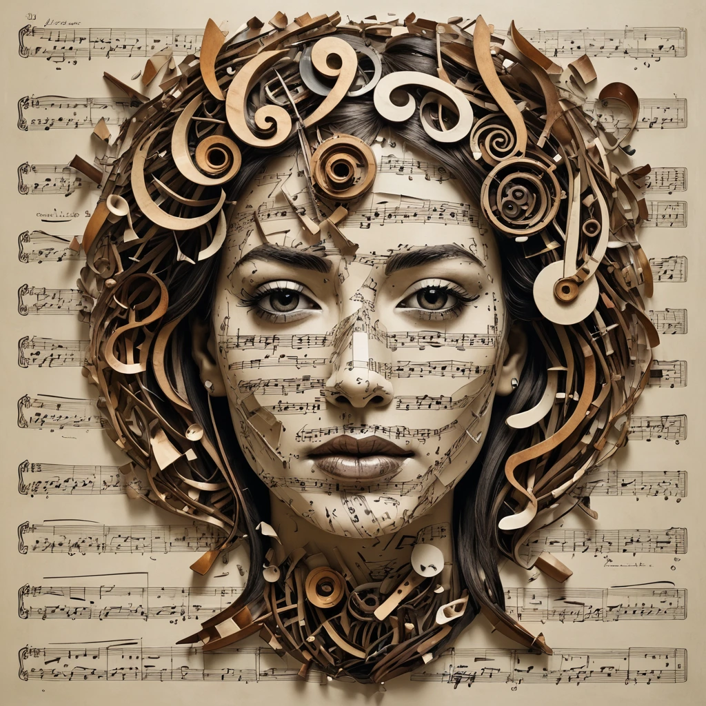 Create a womans face, pieced together from broken musical instruments and music notes