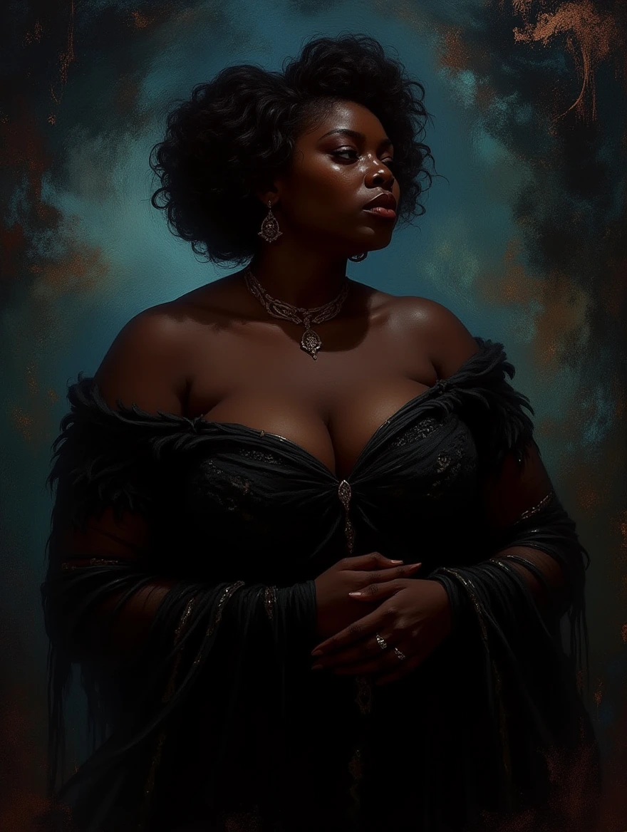 a beautiful plus size  African American young woman, noir mystic pop surrealism, in the style of neo-impressionist art, dark and moody colour palette abstract art