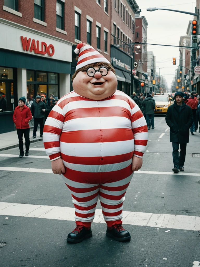 An enormously fat Waldo from Where’s Waldo, standing on a street corner, obvious to everyone, with people staring, color photo, cinematic, absurd