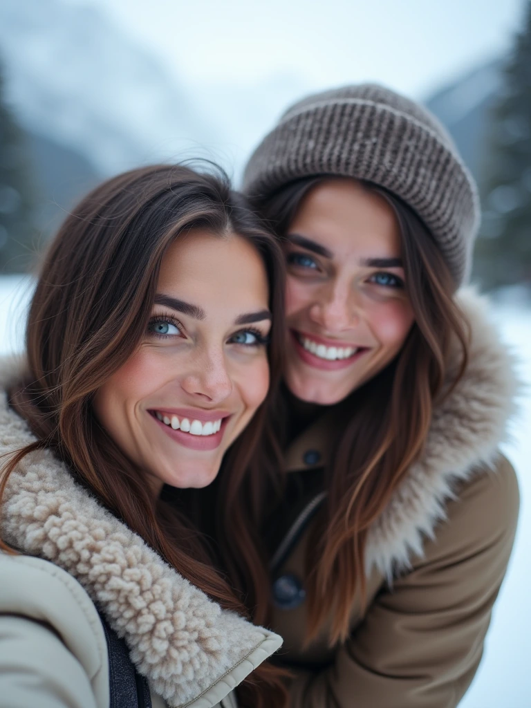 A beautiful brunette woman posing elegantly for a selfie, unexpectedly embraced from behind by an exceptionally with sparkling blue eyes. They both smile warmly, capturing a moment of unlikely connection and joy in a serene snowy mountain setting. High resolution, soft natural lighting, enchanting atmosphere.