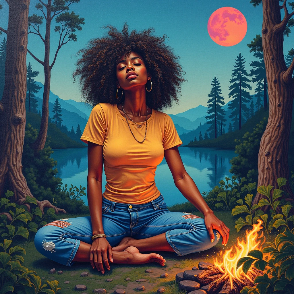 Create an extraordinarily vivid and detailed image based on the following description:

"An extremely attractive Rubenesque,  African American woman with curly hair and a hourglass figure, wearing jeans and a T-shirt on a camping trip with friendsHighly detailed and descriptive"

Artistic Vision:
- Style: Pop Art, infused with elements of Impressionism
- Medium: Oil painting, with subtle hints of Ukiyo-e techniques
- Composition: Utilize Radial balance to create a visually striking arrangement
- Color Palette: Primarily Complementary, with unexpected accents of Landscape
- Lighting: Employ Low key to dramatically enhance the mood and depth
- Texture: Incorporate Crystalline surfaces to add tactile dimension
- Mood: Evoke a profound sense of Chaotic that resonates throughout the piece
- Theme: Explore the concept of "Cosmic wonder" as an underlying narrative
- Technique: Masterfully apply Trompe l'oeil to bring unique character to the work
- Subject: Center the piece around a Architectural element, reimagined through your artistic lens