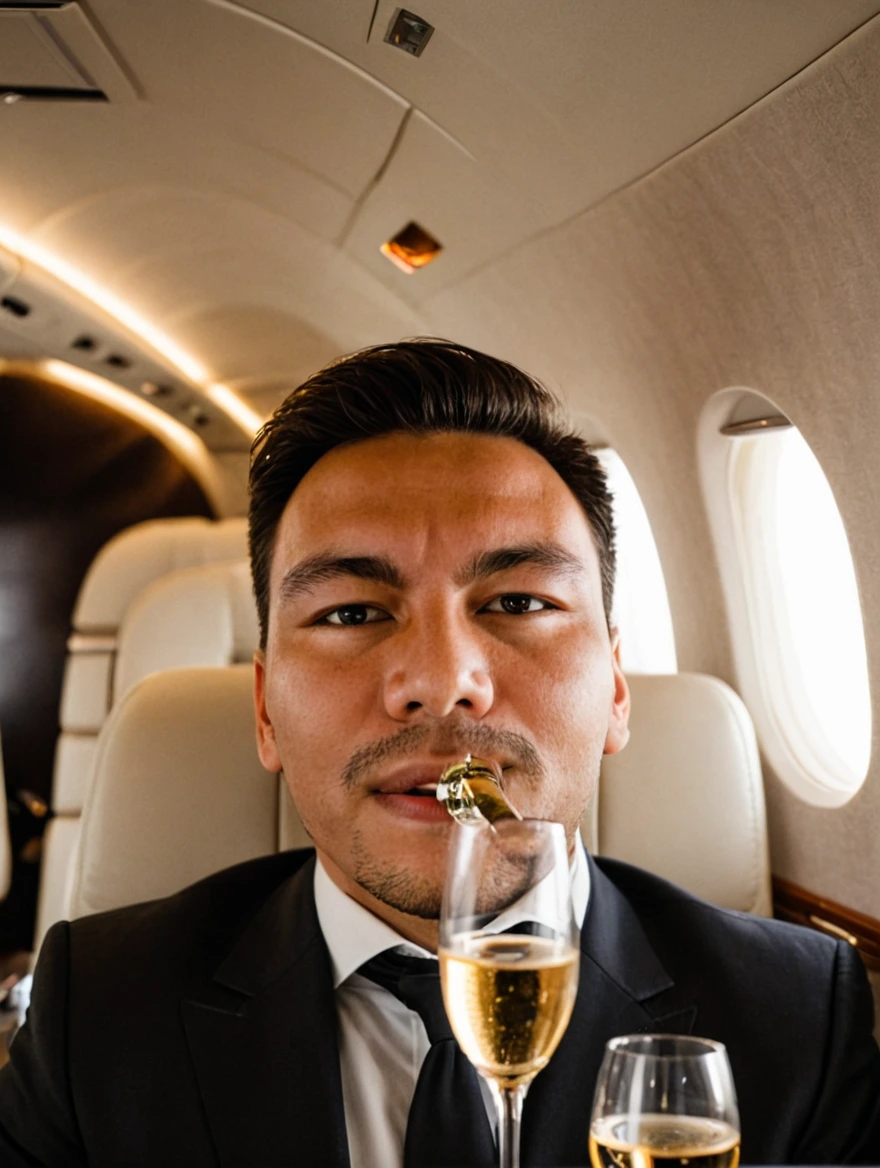 man drinking champagne on a private jet