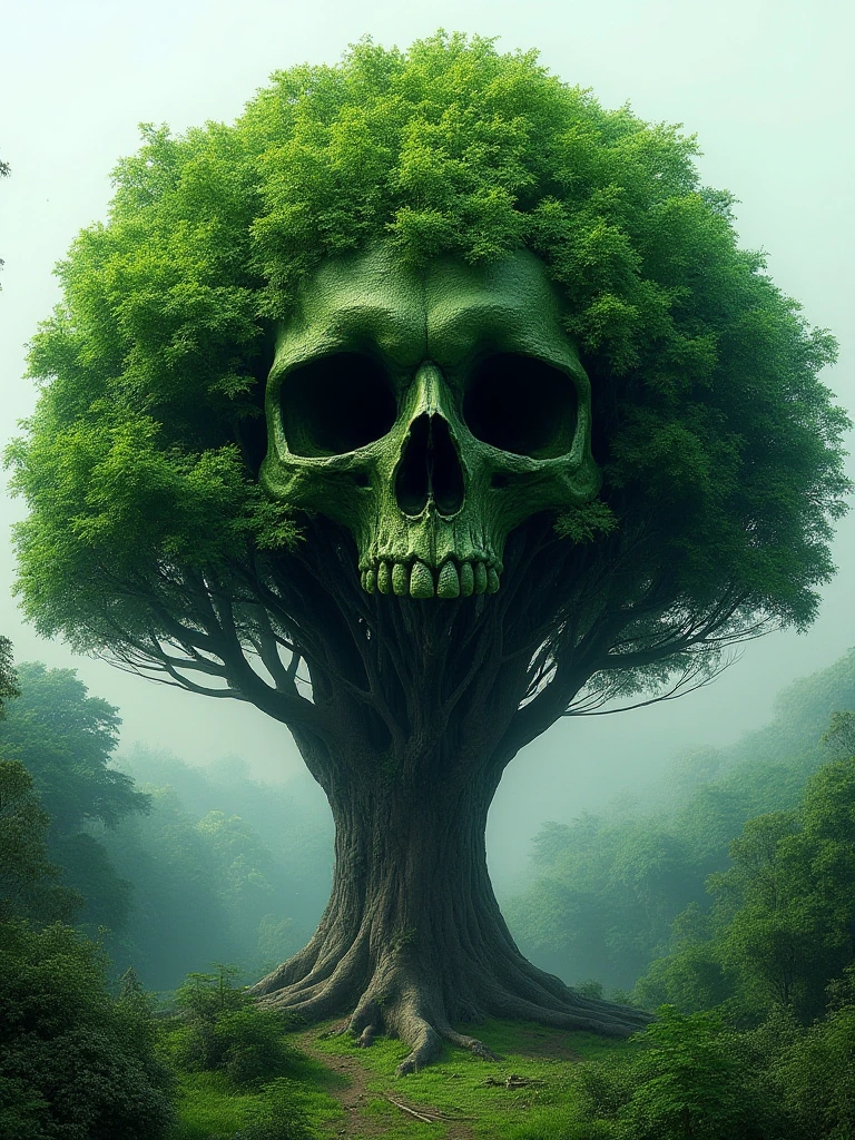 A breathtakingly realistic 8K resolution photograph of a large, lush tree in a tranquil forest setting. The dense canopy of green leaves at the top of the tree has been meticulously arranged to form the subtle yet unmistakable outline of a demonic skull face. The skull is crafted entirely from the natural shapes and textures of the leaves, with the background forest visible through the spaces between the leaves to create the impression of the skull's features. The design is remarkably intricate, requiring close inspection to fully discern the eerie visage hidden within the treetop. The lighting is natural and the details are crisp, creating a sense of photographic realism. Everything about the image, from the tree's majestic form to the unsettling skull hidden within, should captivate the viewer's attention.