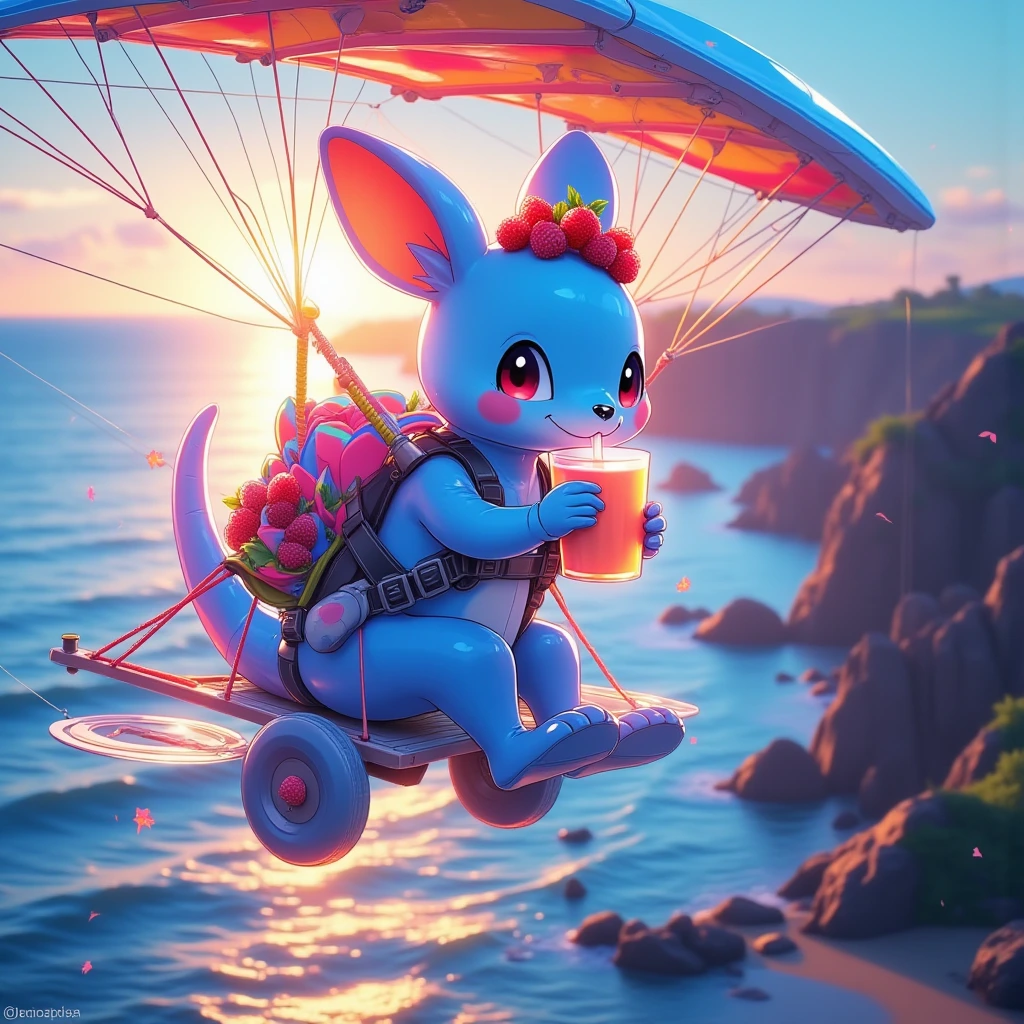 A hyper-realistic depiction of a whimsical female blue kangaroo happily drinking a peach smoothie with raspberries on top on a vibrant and colorful hangglider as it sails over the middle of a beautifully detailed oceanside scene on Moloka'i. The breathtaking rocky coastline provides a dramatic ever-changing backdrop. The blue hangaroo is happy and excited and having a great time.

The scene is illuminated by a double exposure effect, showcasing a blend of beauty and emotion. Warm morning sun greets a beautiful dream. Dynamic, clear colors, infrared exposure.

The composition features vibrant colors and contrasts reminiscent of a franz marc artwork, with a touch of feminine allure inspired by Anne Stokes' style, all captured in breathtaking chiaroscuro lighting. Close-up on main subject, maximalistic, dreamy, dynamism, composition-conscious creation with self-framing.