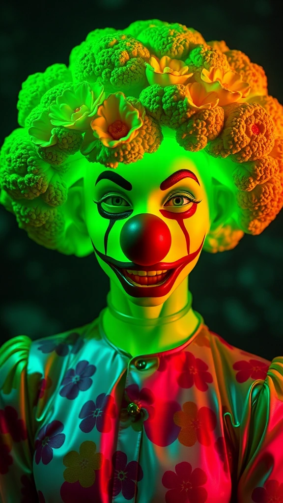 Neon colors, floral, unsettling, retro, vintage, glossy, satin-like, night-time, futuristic, iridescent,green , clown nose, futuristic fashion, scary broccoli whimsical, fantasy, green latex, dystopian, outdoors, metallic, hybrid, water, translucent, eerie, unsettling surrealism, muted colors horrorcore aesthetic [add buxom]