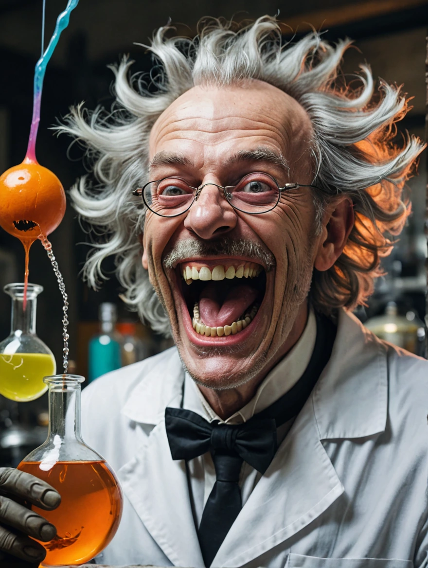 A mad scientist is laughing in joy at his monstrous creation spooky vibe, surrealist style, fantastical, magical, unexpected, super detail, dreamy lo-fi photography, colorful