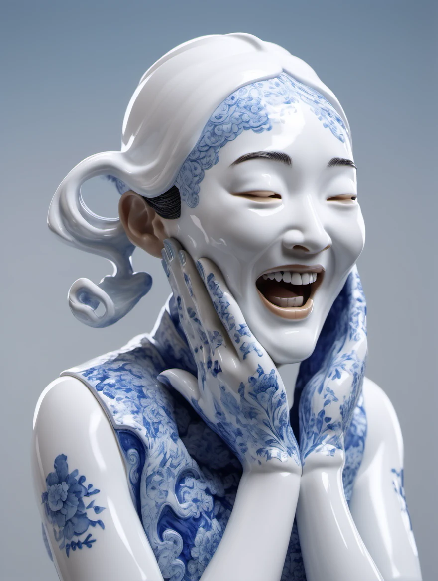 Hyperrealistic 3D Sculpture of a chinese porcelain white and blue skin woman's face laughting with hands coming out all around her face, cinematic, epic realism,8K, highly detailed