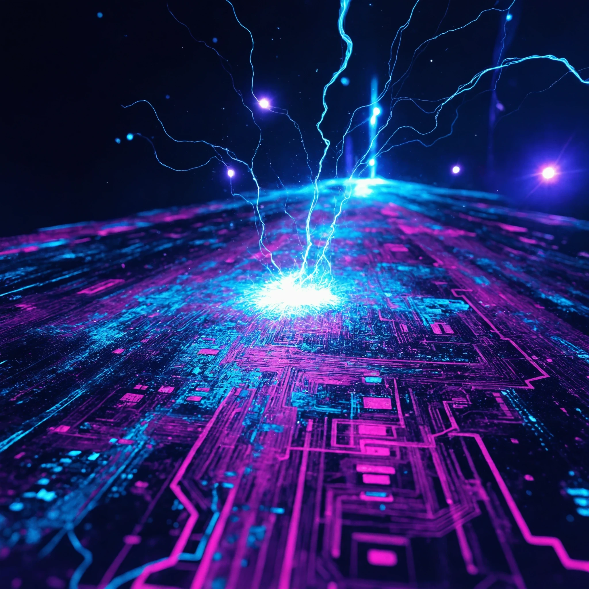 4d circuit board embedded with a being in the distance falling through a bent 4d electrical field causing drop seizures eeg lines made of 4d aluminized polymer, wavering beams of 4d particle dust breaking through a real life light leak in a photo, 4d glitch effect, iodine, and liquified 4d fluorine on a double exposure with atmospheric layers, elemental color palette, 16k gigapixel hyper realistic,