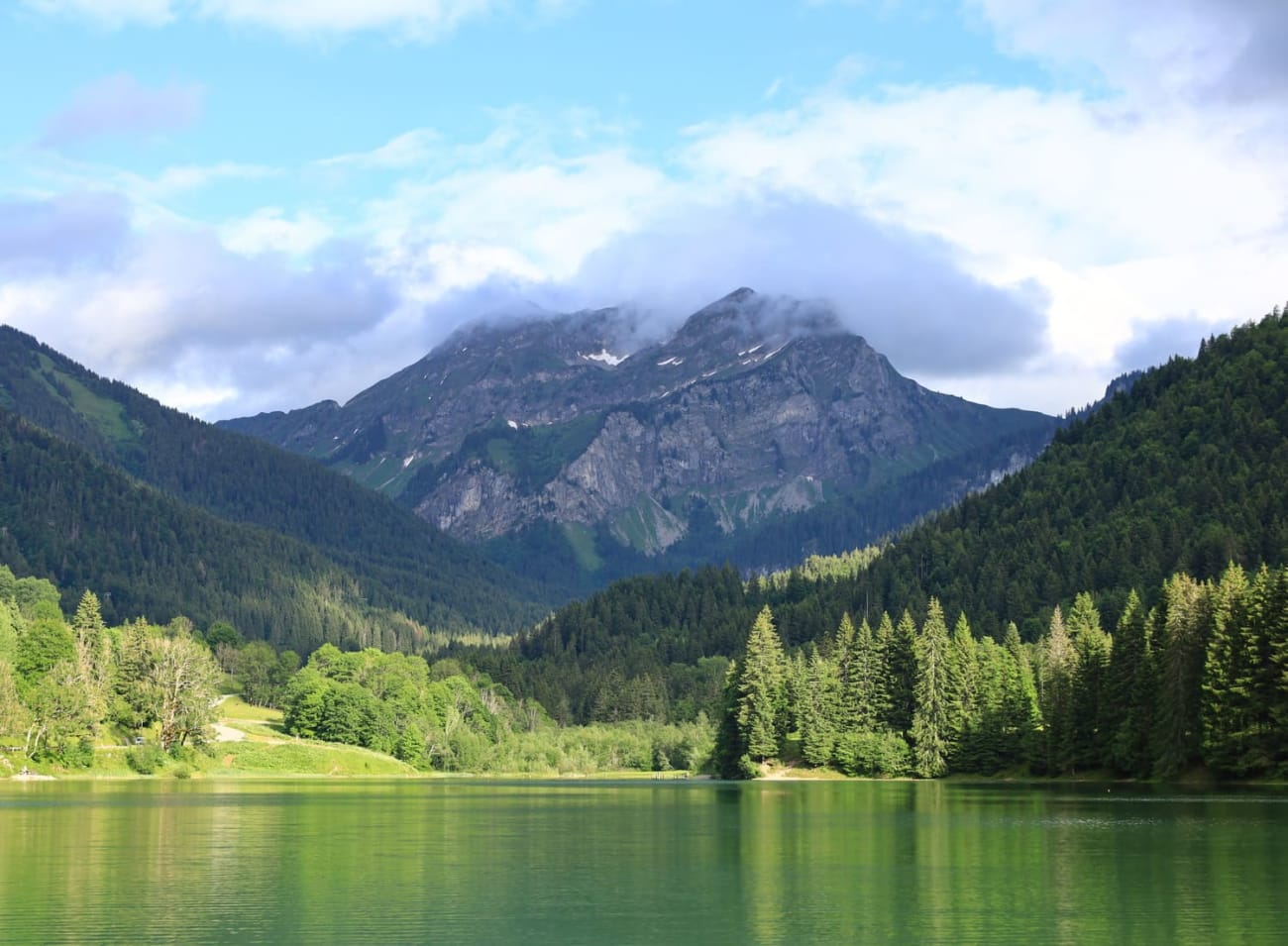 Le lac de Montriond entouré de sapins