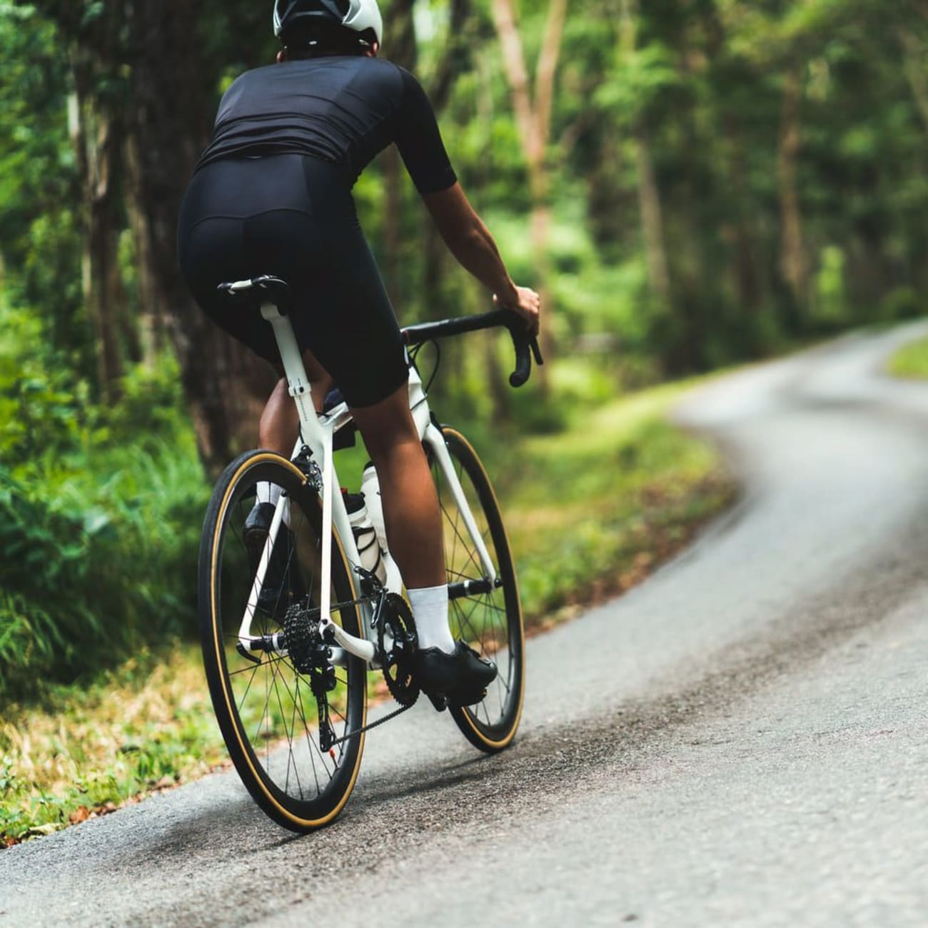 Un cycliste sur une route en forêt