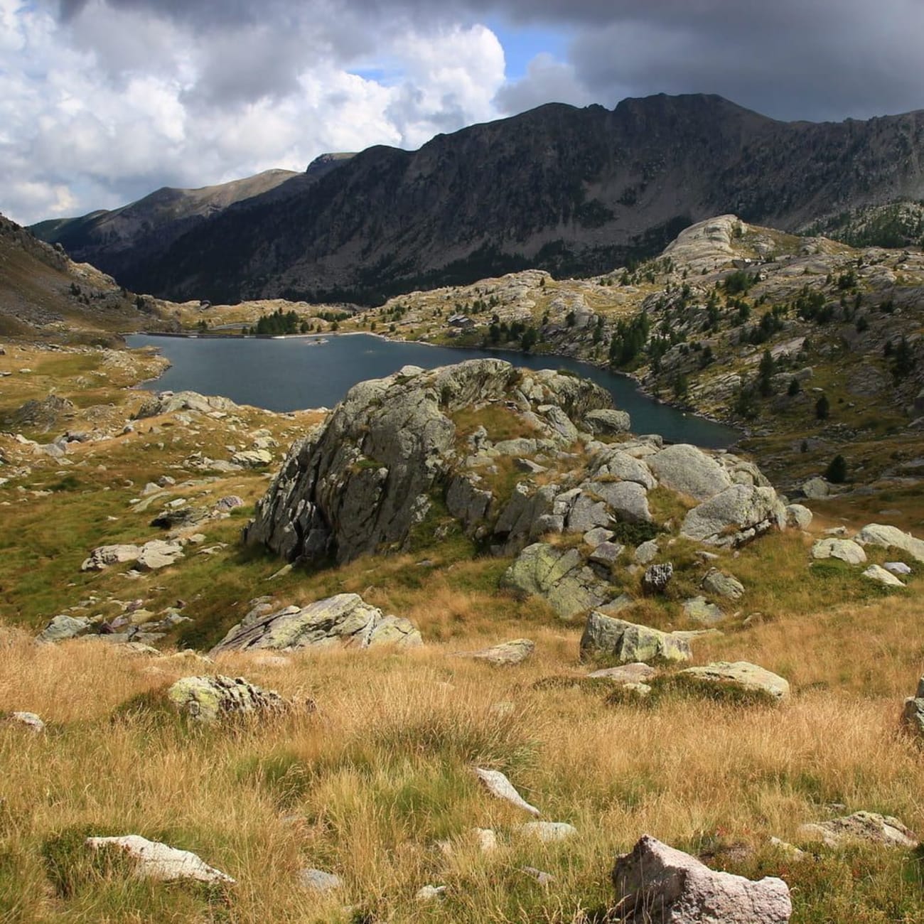 Randonnée Mercantour : étendue d'eau, rochers et herbes au pied des montagnes