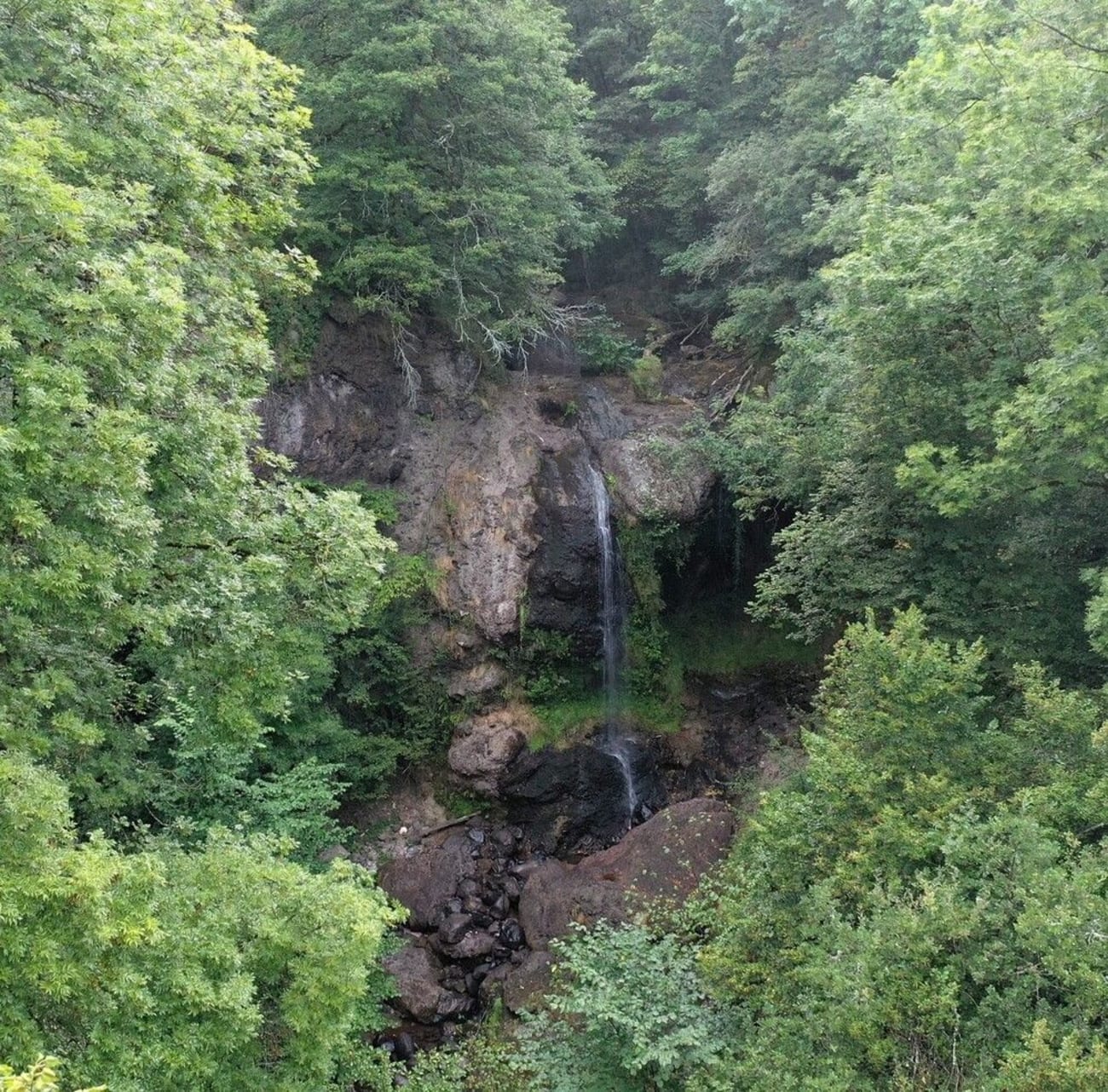 Gorges du pas de Cère : vue sur la cascade de la Roucolle à travers la forêt.