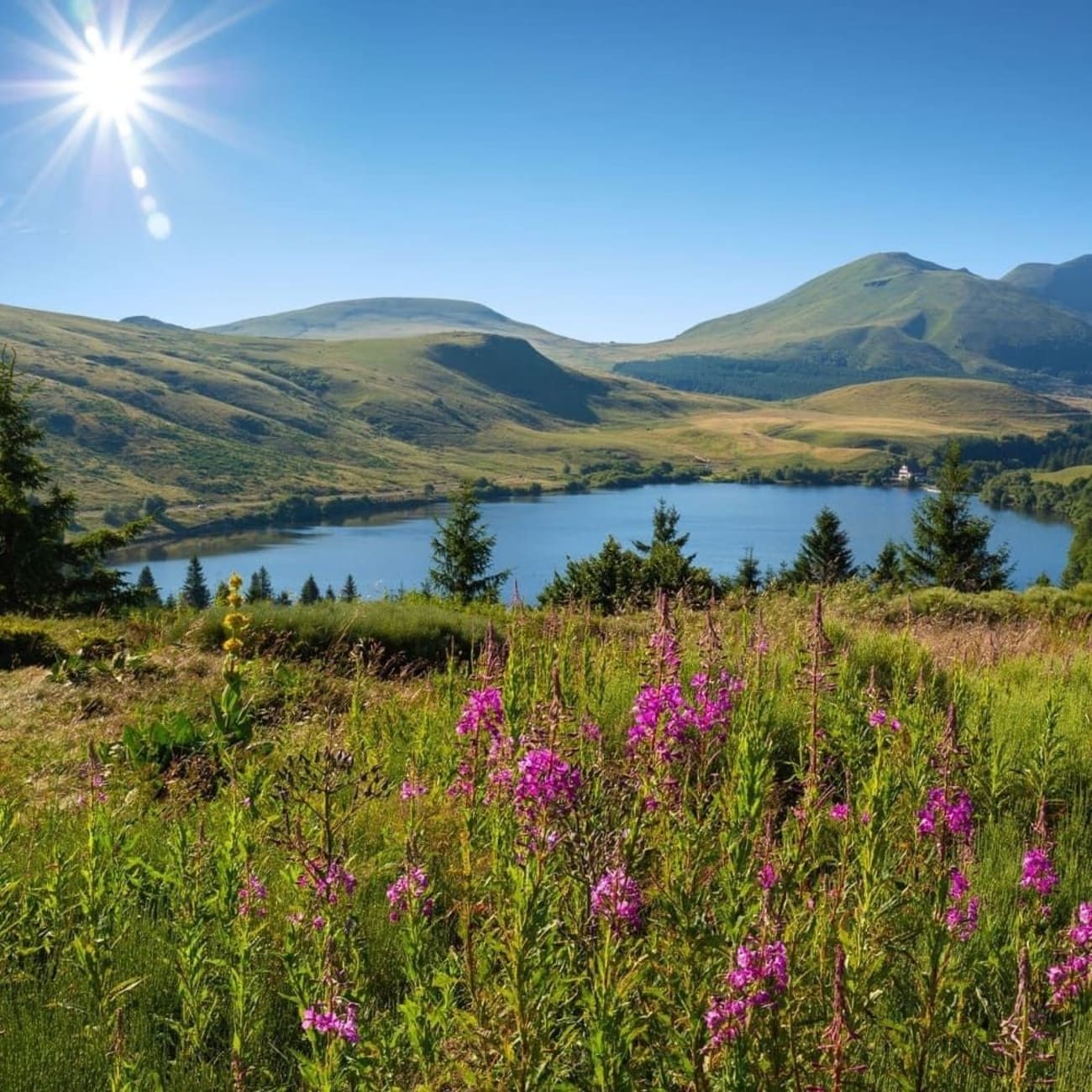 Randonnée banne d'Ordanche : fleurs violettes et lac au loin
