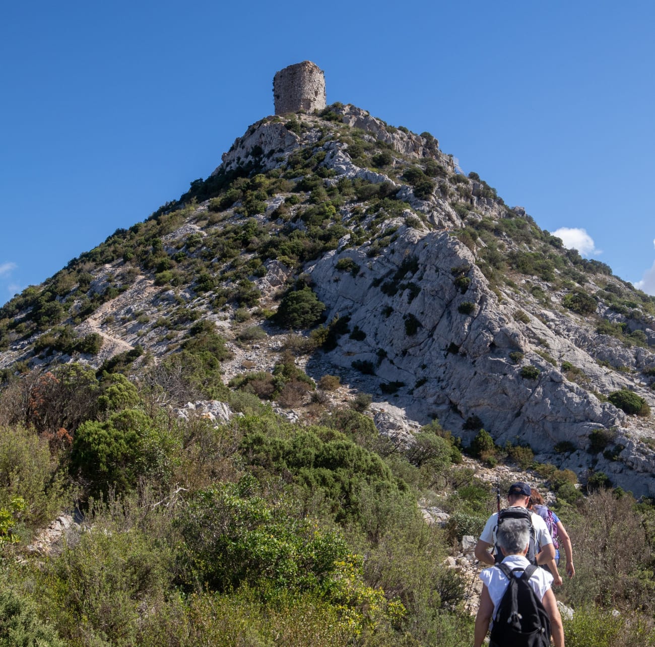 Randonnée Perpignan : randonneurs marchant jusqu'au sommet de la tour del Far.