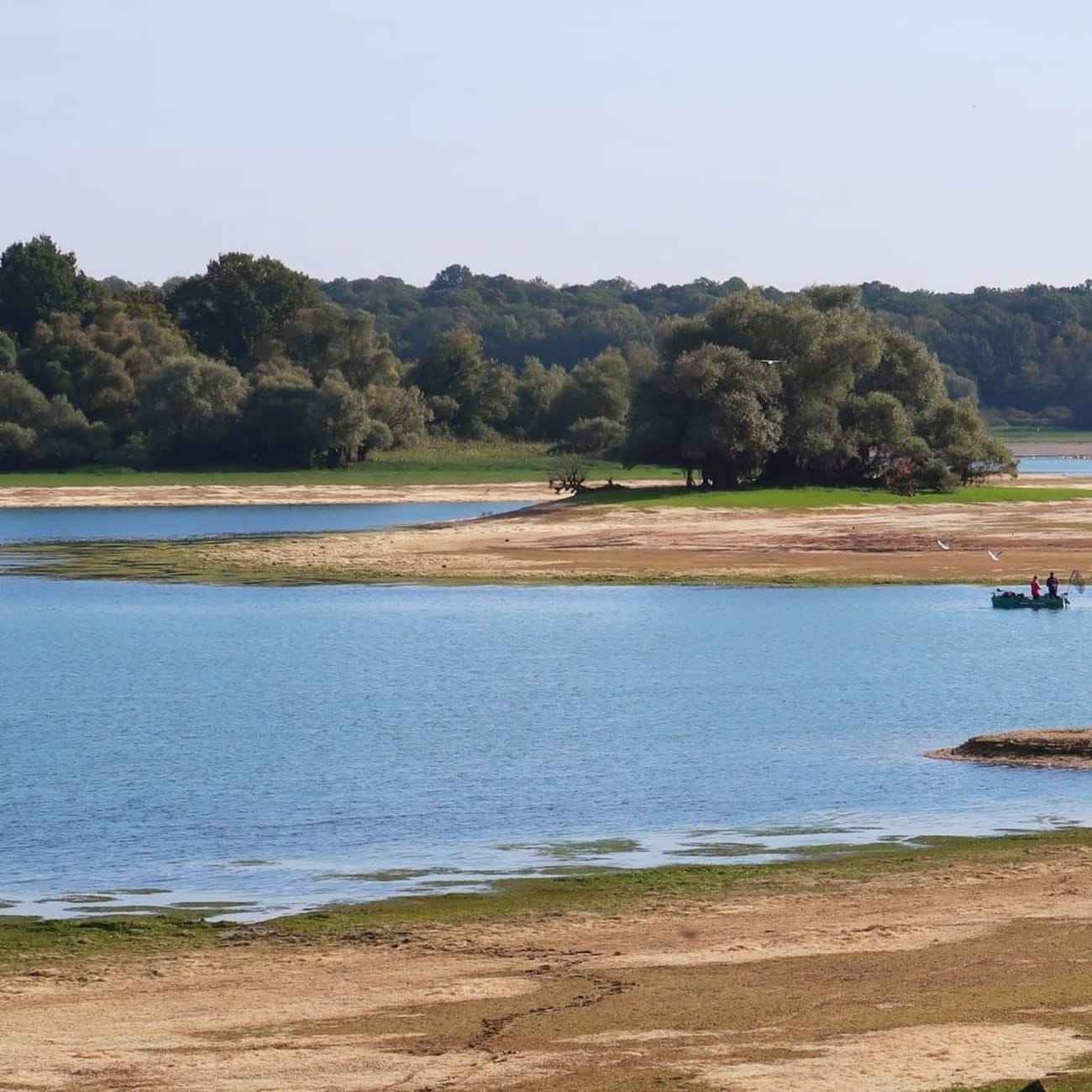Spots observation oiseaux : étendues d'eau et de sable avec barque et arbres autour