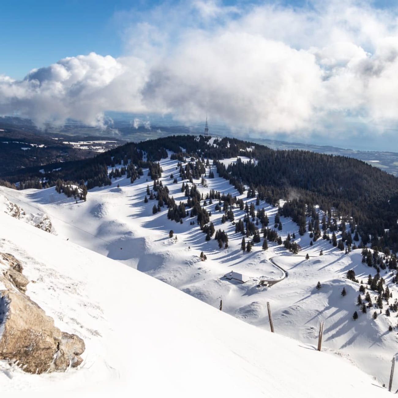 Randonnée raquettes Jura : vue de la montagne d'une forêt de conifères et neige au sol 