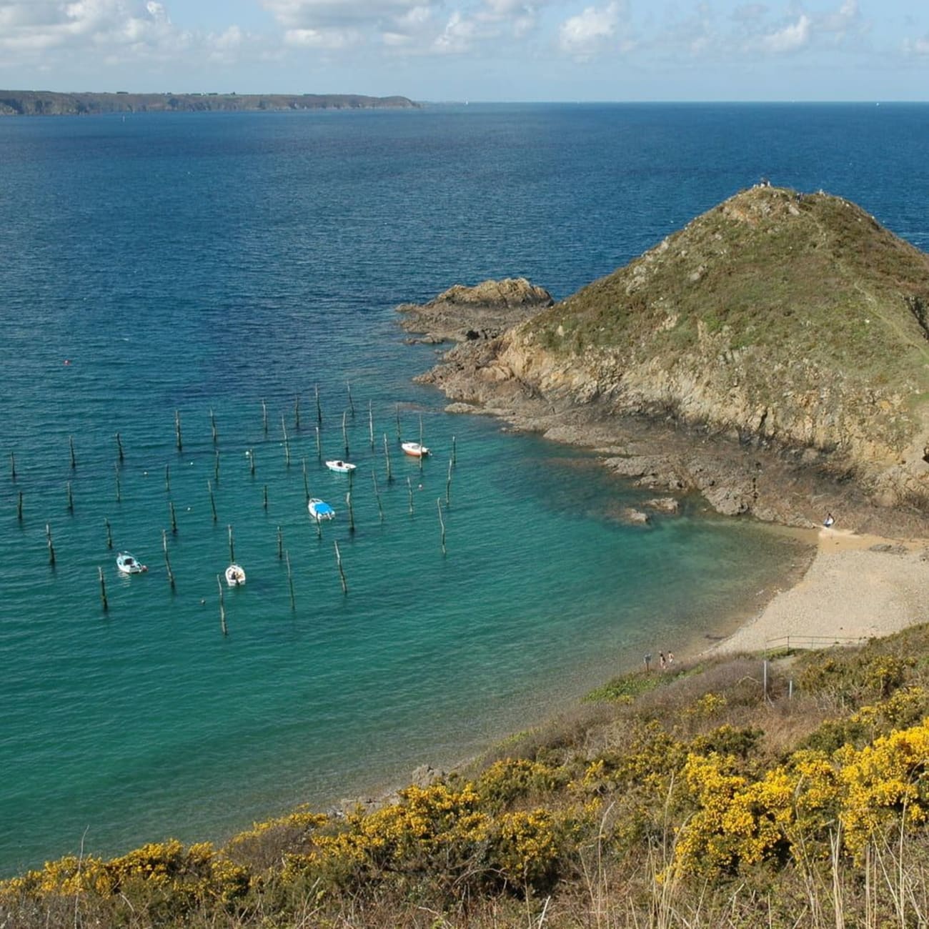 Randonnée pointe de Plouha : vue de falaise sur petite plage, mer bleue avec pieux dedans