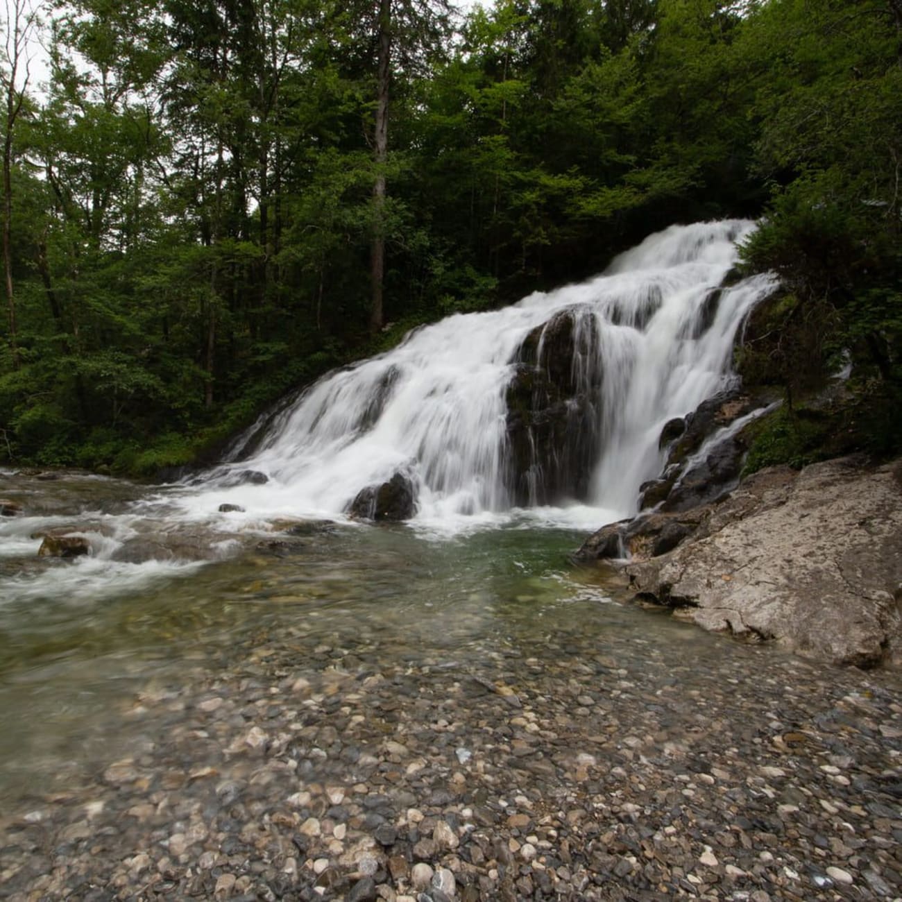 Randonnée cascade du Pissieu : larges chutes d'eau blanches et bassin d'eau avec cailloux