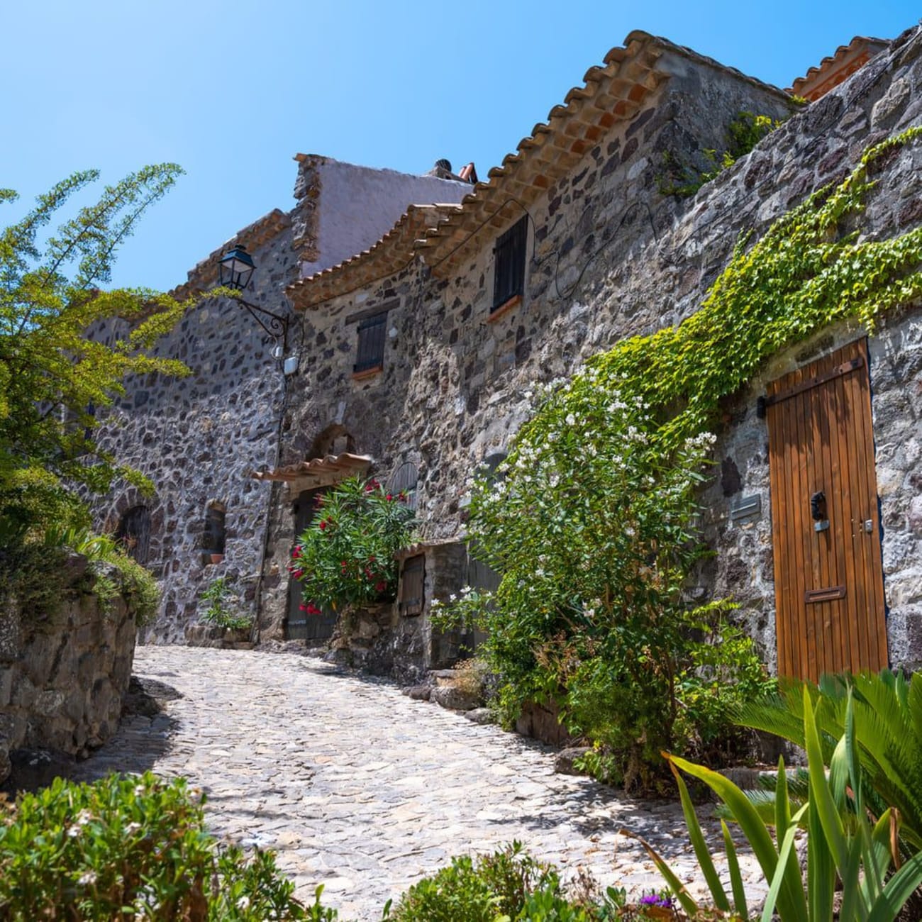 Randonnée mont Caume : petite rue pavée le long de maisons en pierres