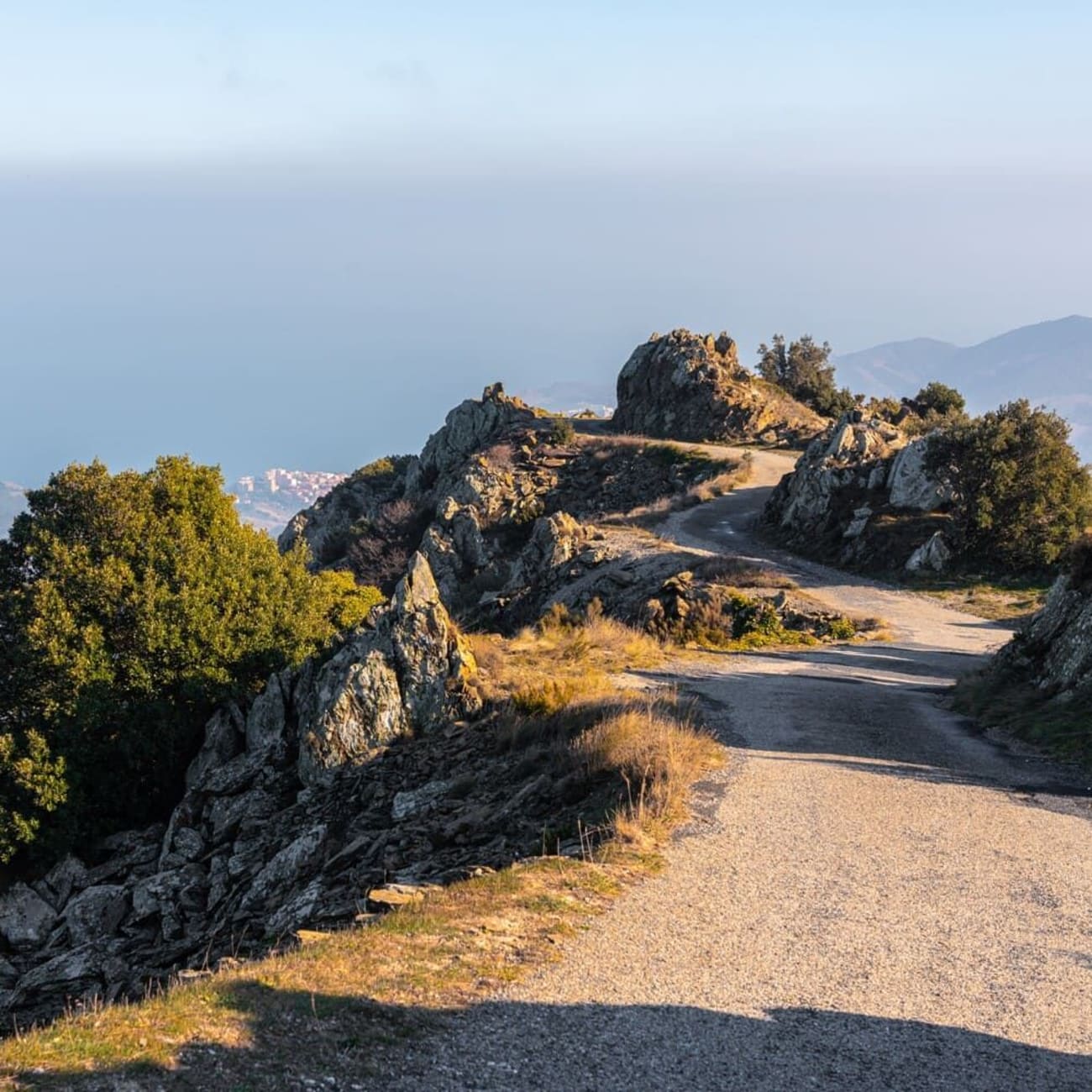 Randonnée tour Madeloc : chemin serpentant devant le panorama des Pyrénées-Orientales