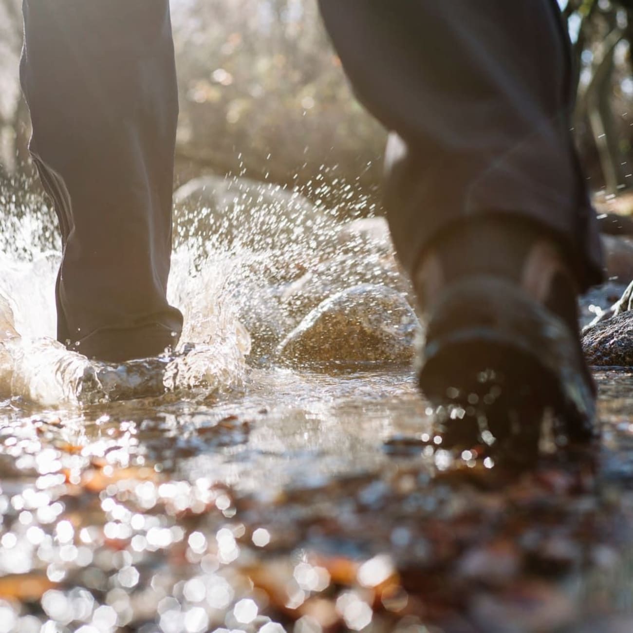 Randonnée cascades Ain : pieds en chaussures de randonnée marchant dans l'eau