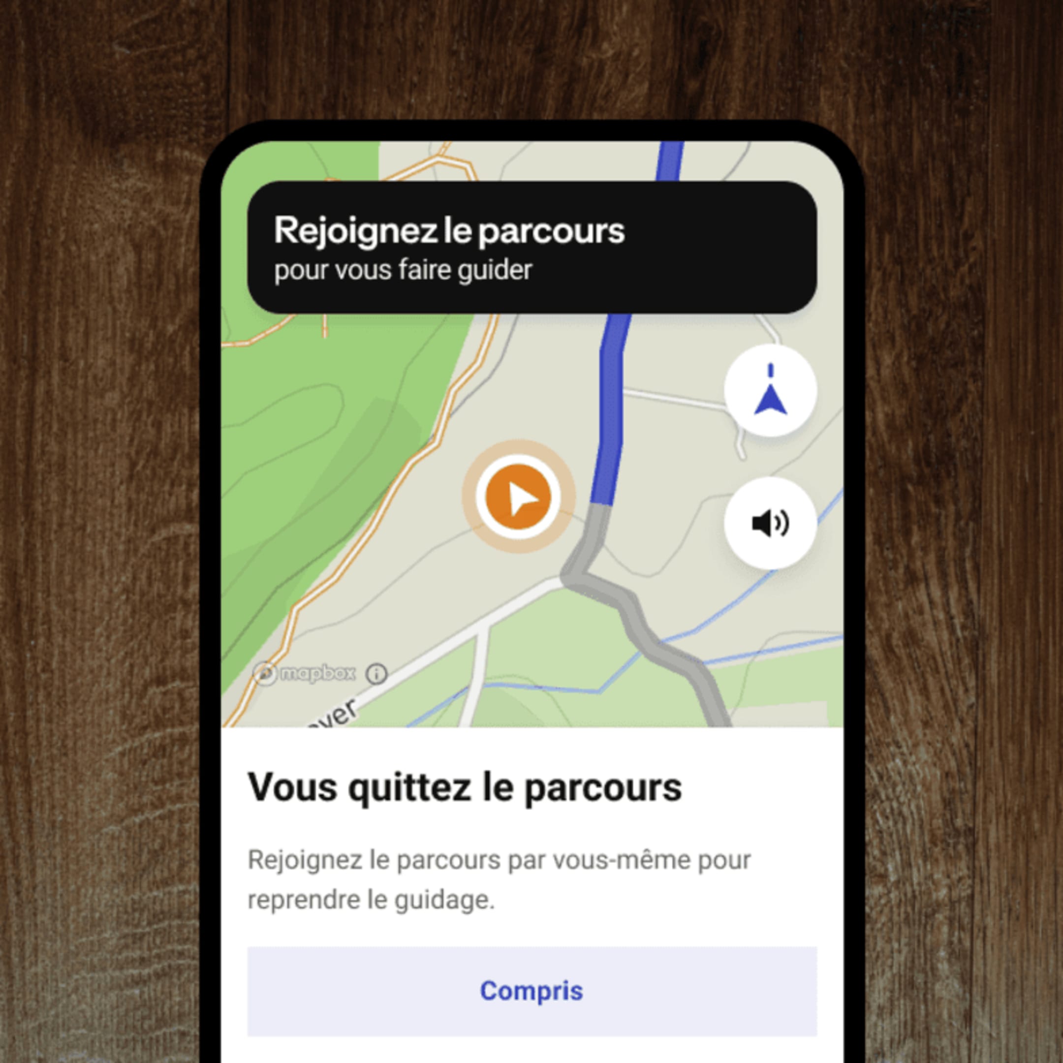 Application de randonnée avec un système qui vous alerte si vous quittez l'itinéraire, afin que vous ne vous perdiez pas.