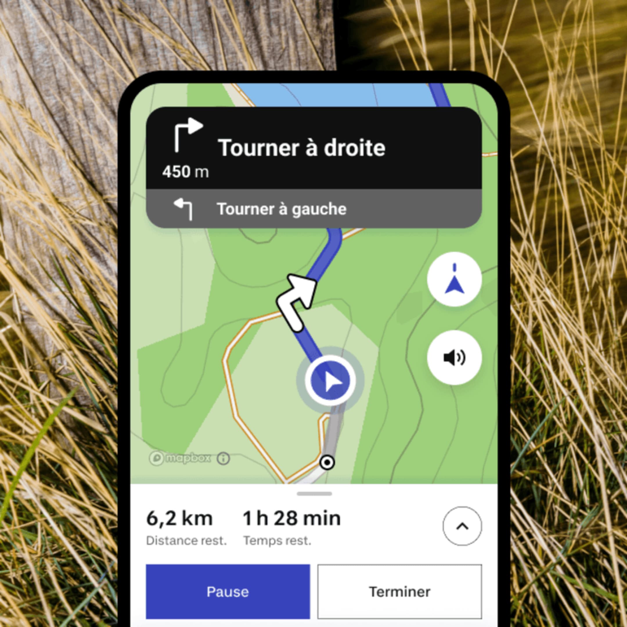 Écran de l'application mobile avec navigation GPS pour faciliter le guidage pendant le trajet
