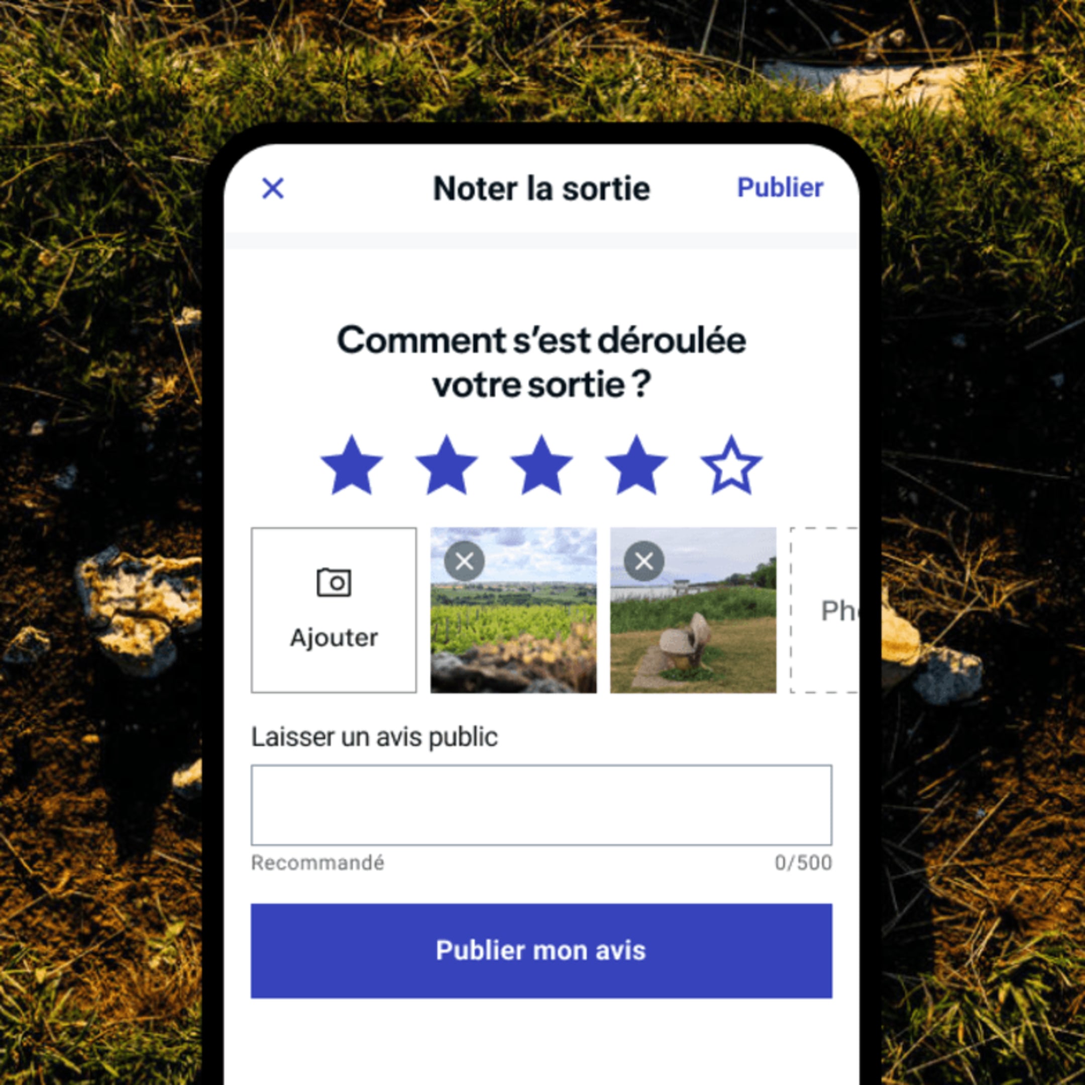 Notez et commentez l'itinéraire que vous avez emprunté sur l'application pour partager vos impressions sur la randonnée avec la communauté.