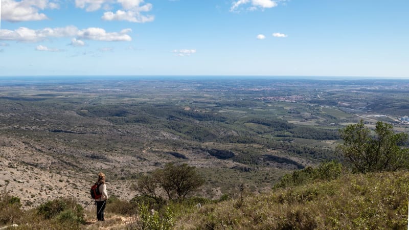 Randonnée Perpignan : randonneuse admirant le paysage à proximité de la tour del Far.