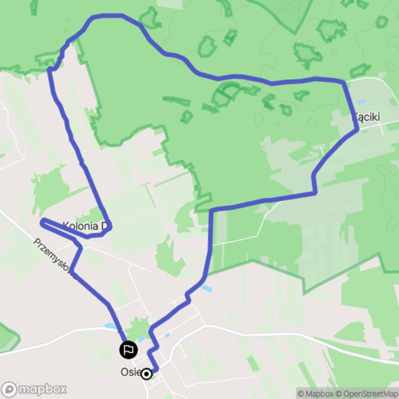 Średni poziom trudności, trasa turystyczna z Osiecka o długości 11,7 km.\n
Tytuł polski: Średnio trudny spacer o długości 11,7 km z Osiecka - Osieck