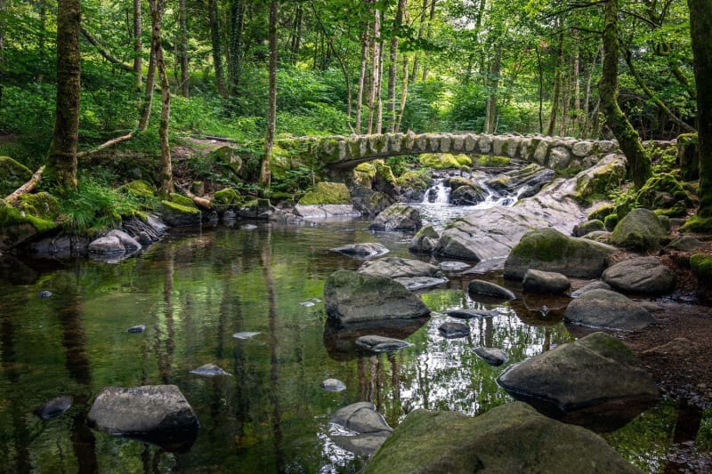 Randonnée Saut des Cuves : pont en pierres, rivière et blocs de granit