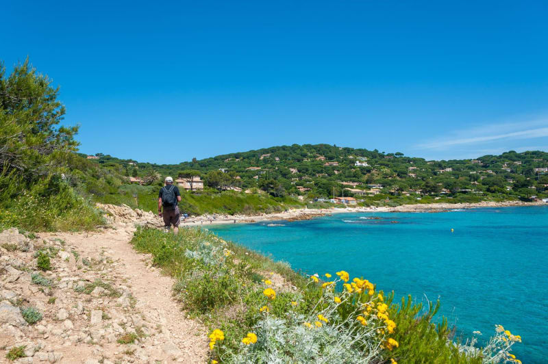 Randonnée sentier du littoral Saint-Tropez : homme marchant sur sentier bordé de végétation et de la mer bleue