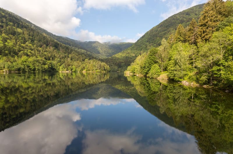 Randonnée lac d'Alfeld : forêts se reflétant en miroir sur le lac d'Alfeld