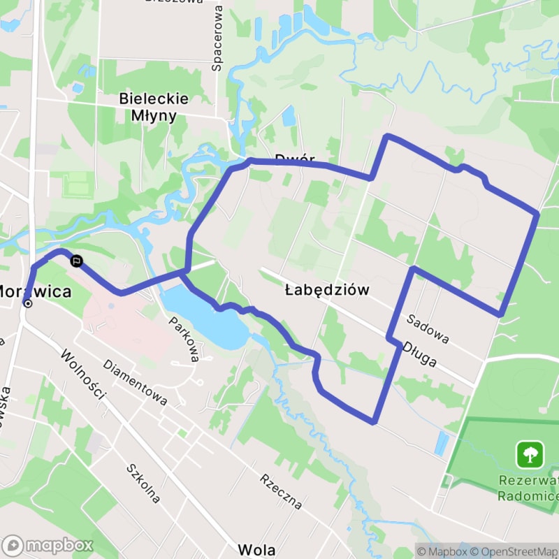 Łatwa trasa turystyczna wzdłuż rzeki Morawicy o długości 7,5 km z początkiem w Morawicy. \/ - Morawica