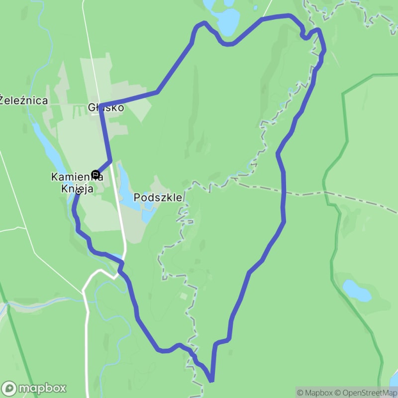 Ścieżka średnio trudna, 9,9 km długa, wspinająca się na Kamiennej Górze - Kamienna Knieja