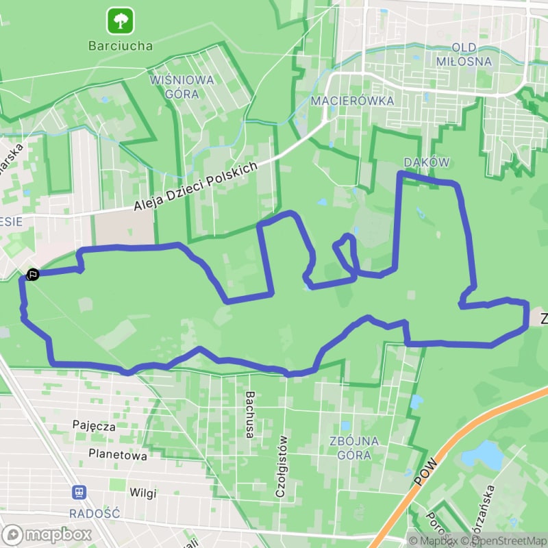 Wymagająca trasa MTB o długości 14,5 km: Wawer Purpura - Góra Fryca - Warszawa
