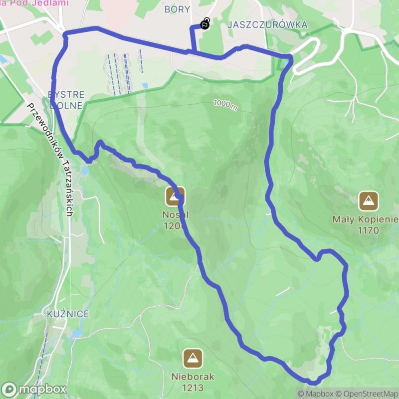 Trudna trasa o długości 7,4 km w polskich Tatrach: Szczyty Nosal, Nieborak, Koziniec, Luneta na Kasprowym Wierchu, Wysokie, Suchy Wierch Olczyski, Mały Kopieniec - Zakopane