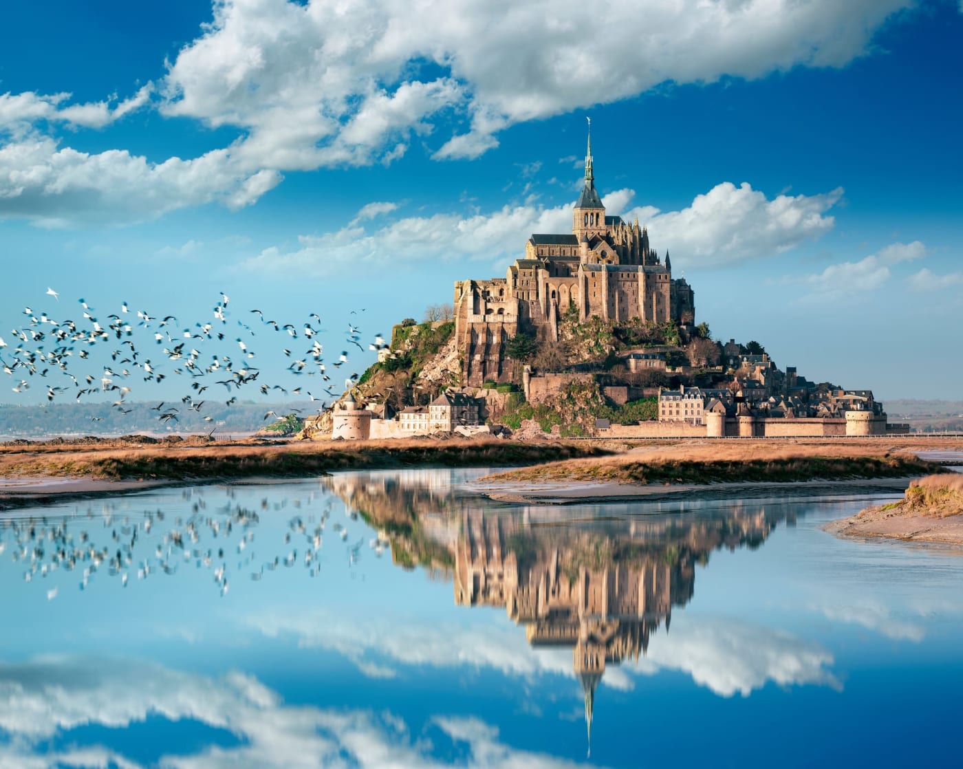 Randonnée mont Saint-Michel : vol d'oiseaux près du Mont et reflet dans l'eau